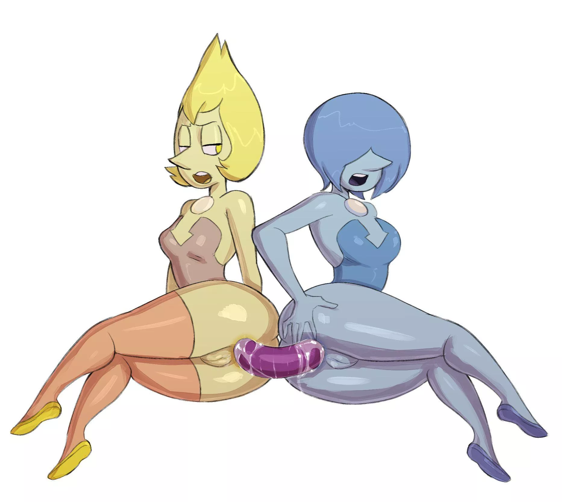 Blue and Yellow Pearls share a long dildo (Guillion)