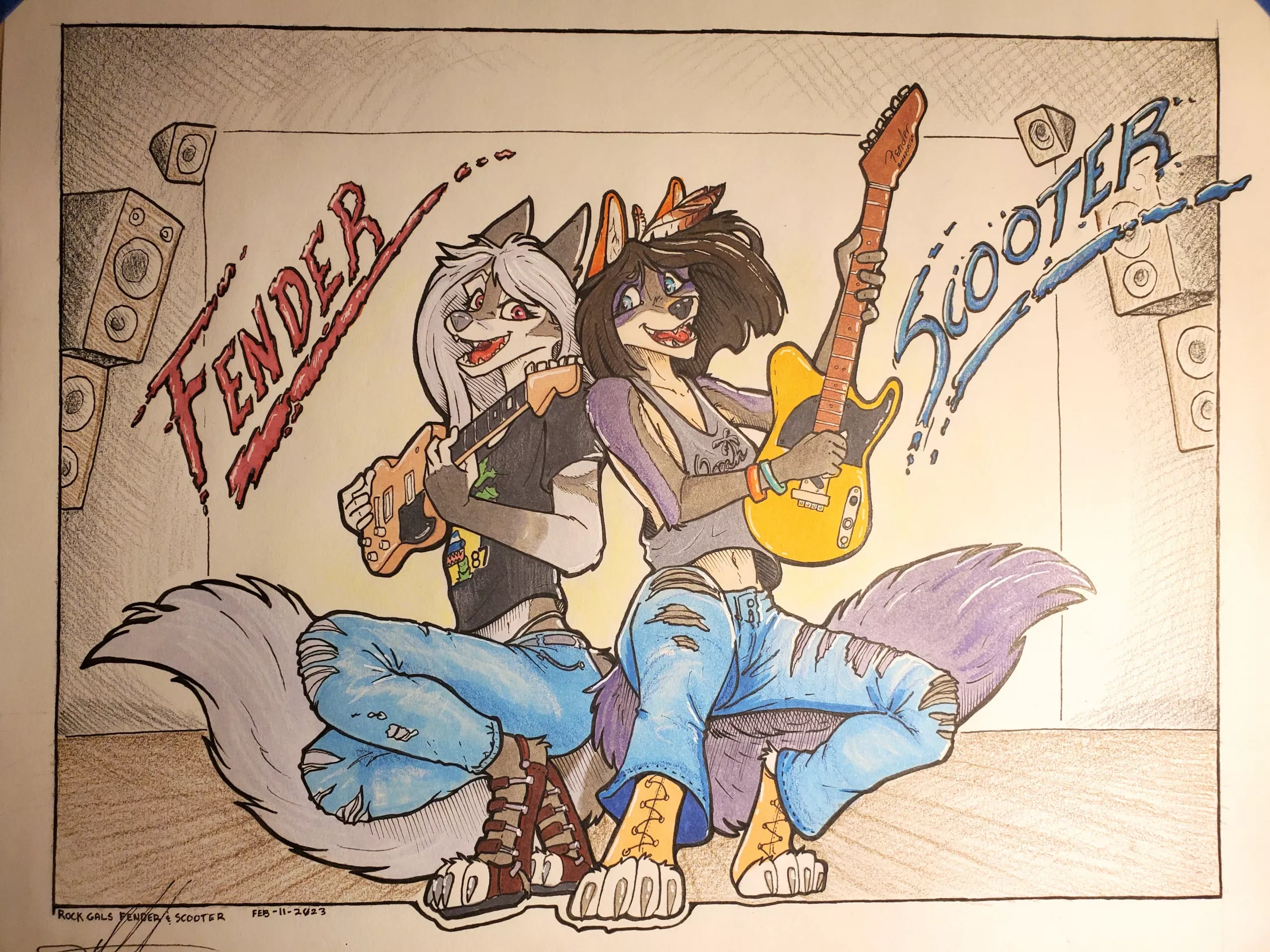 Traditional Furry Art - 80s Rock Gals, Fender and Scooter