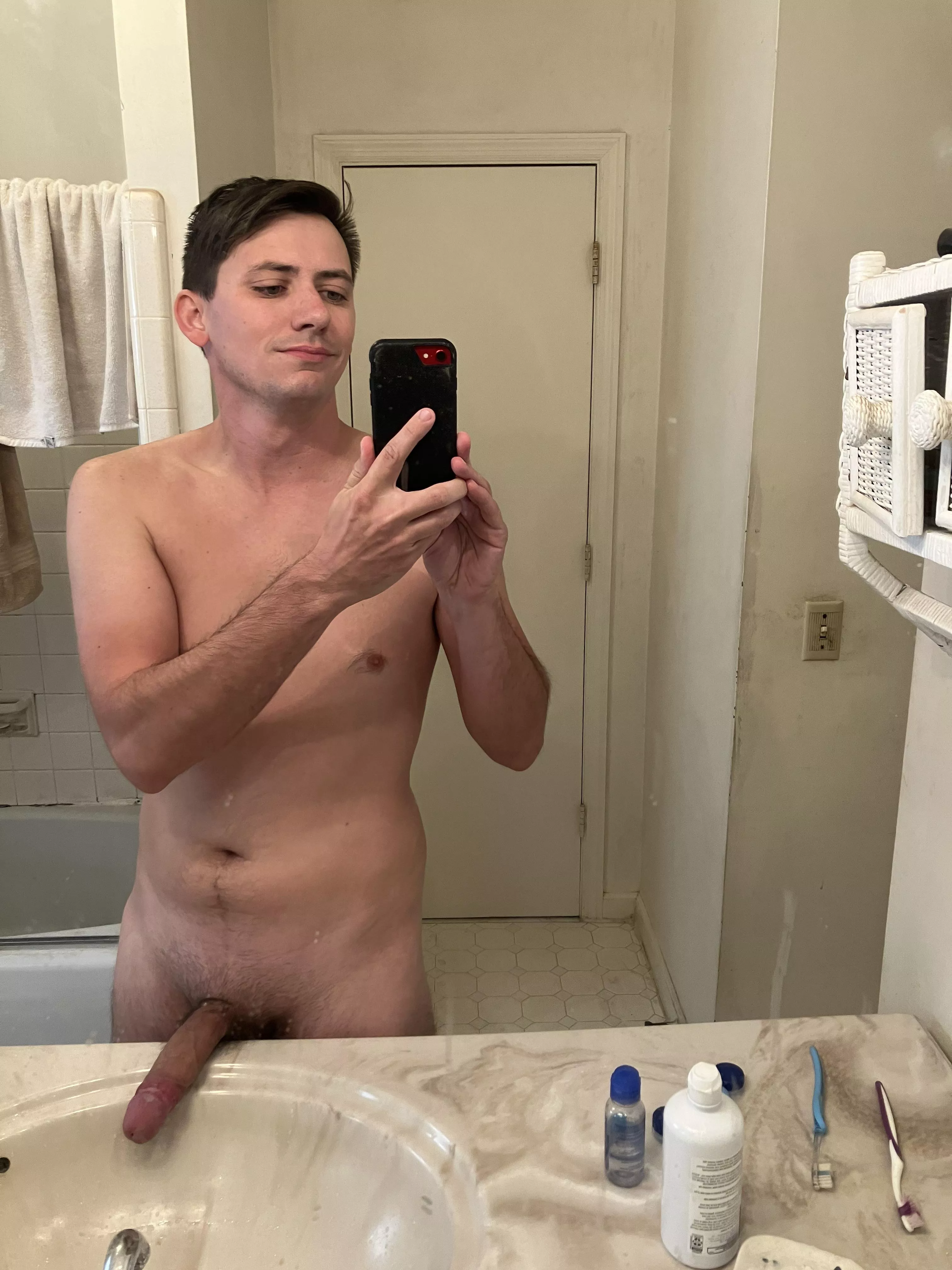 Flopping it on the counter. Upvote if you’d suck my long dick