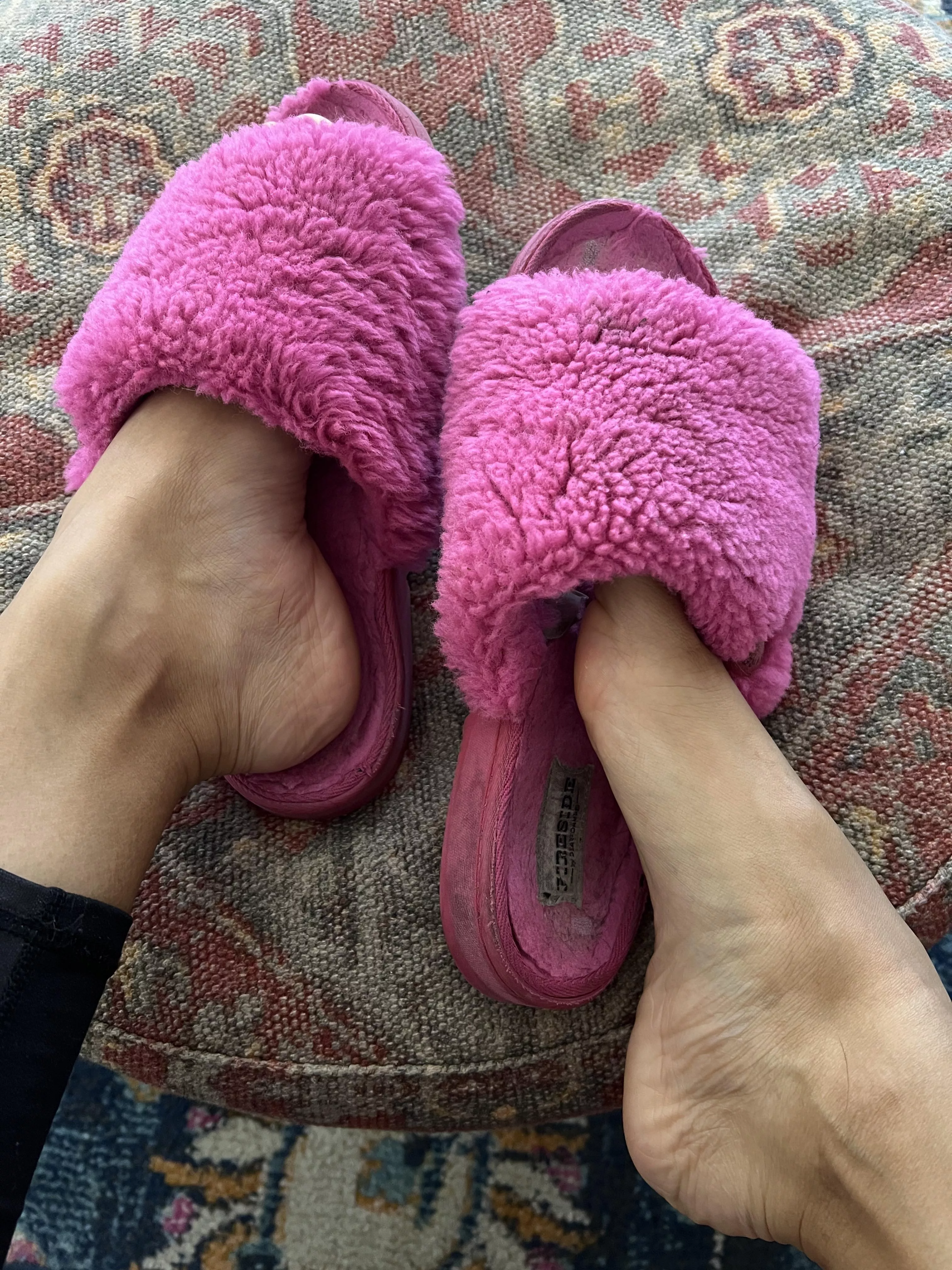 It's time to let go of my beloved shearling slippers. Make me an offer. [Selling]