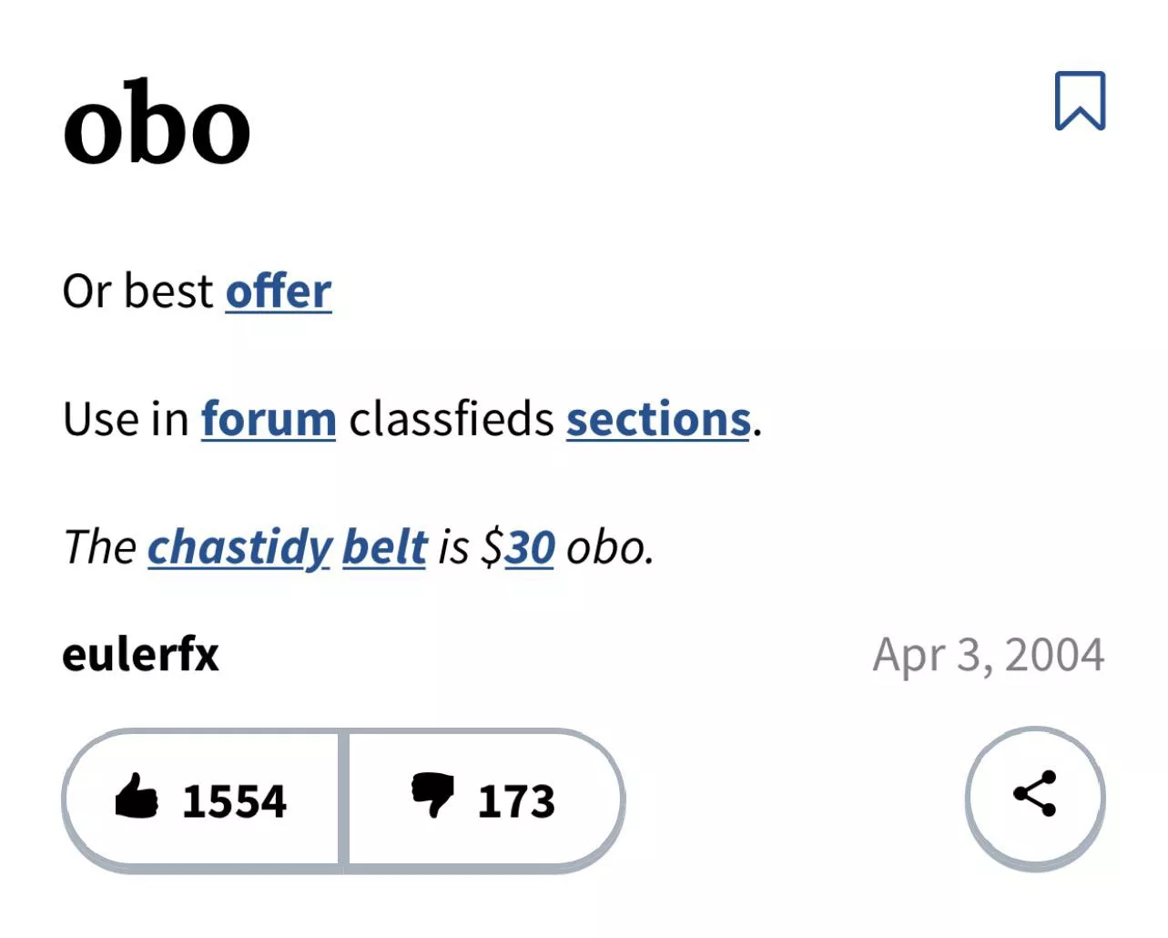 This was the example given for “or best offer” on the urban dictionary from 2004 I thought it belonged here. Also look at the way they spelled chastity.