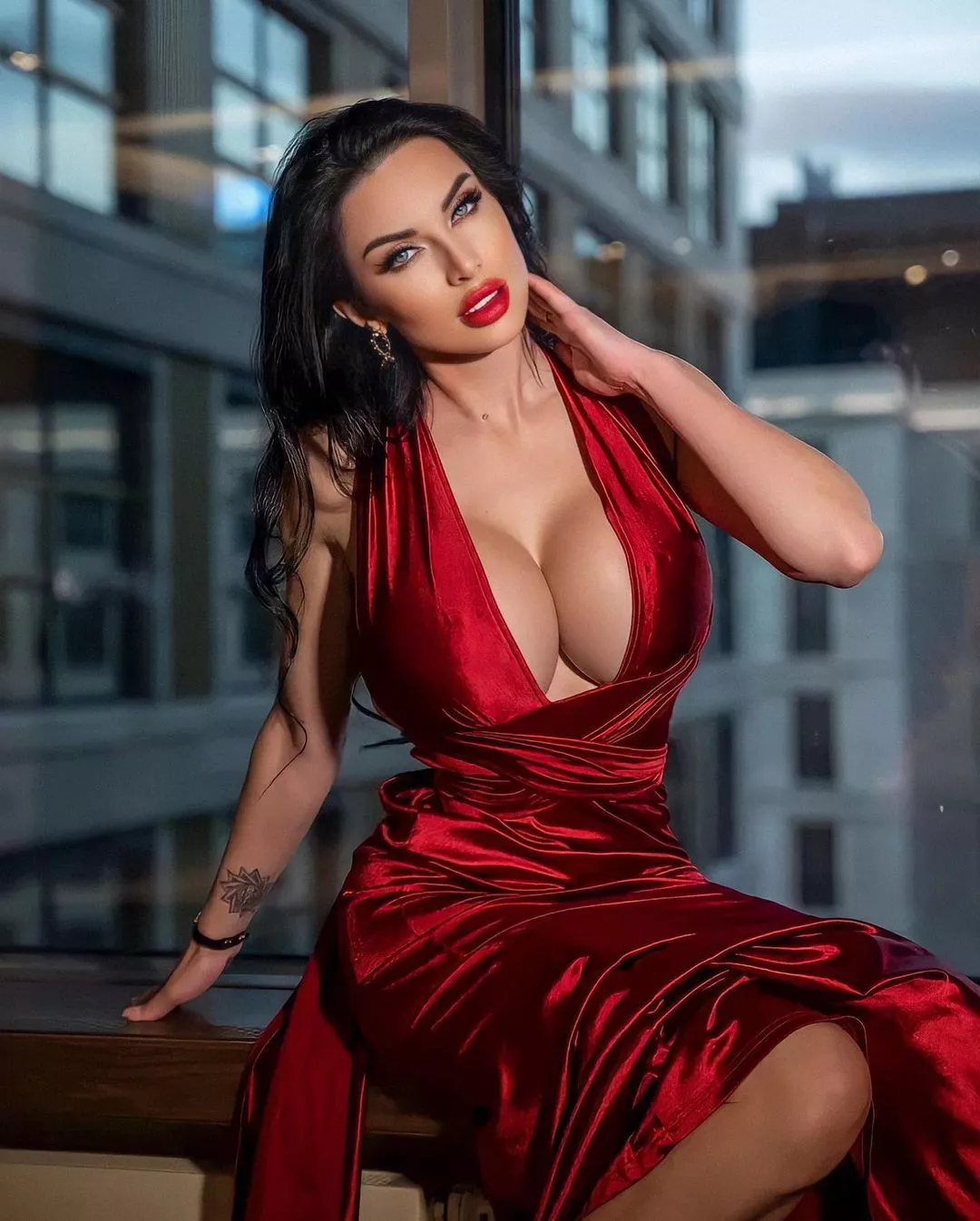 red satin dress