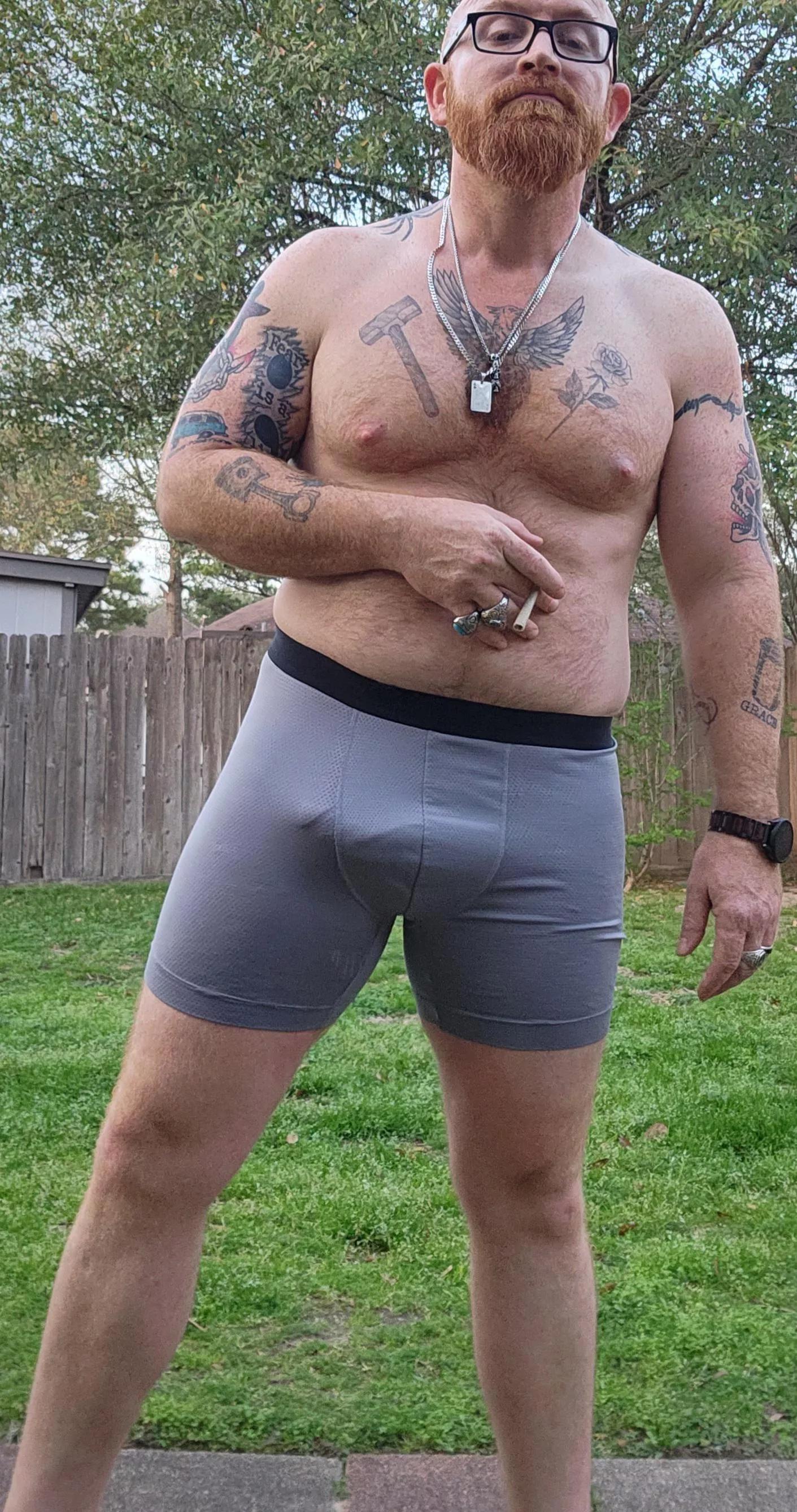 Standing outside, in my boxers, getting stoned 😁