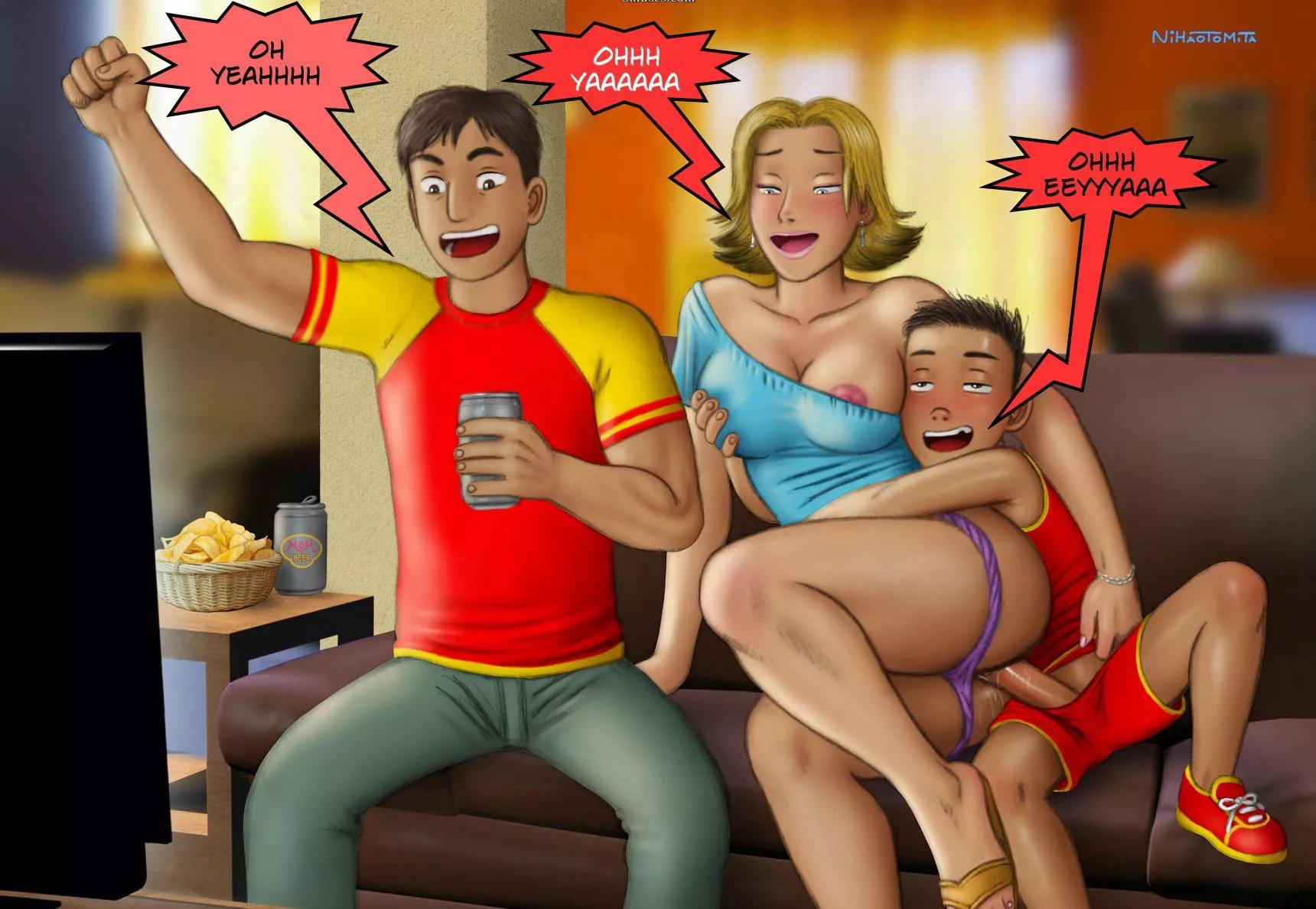 When my husband (40) watches his football game while drinking beer he can see nothing except TV. When his favorite team scored, my son (18) was scoring goal, too, but inside of me (38).