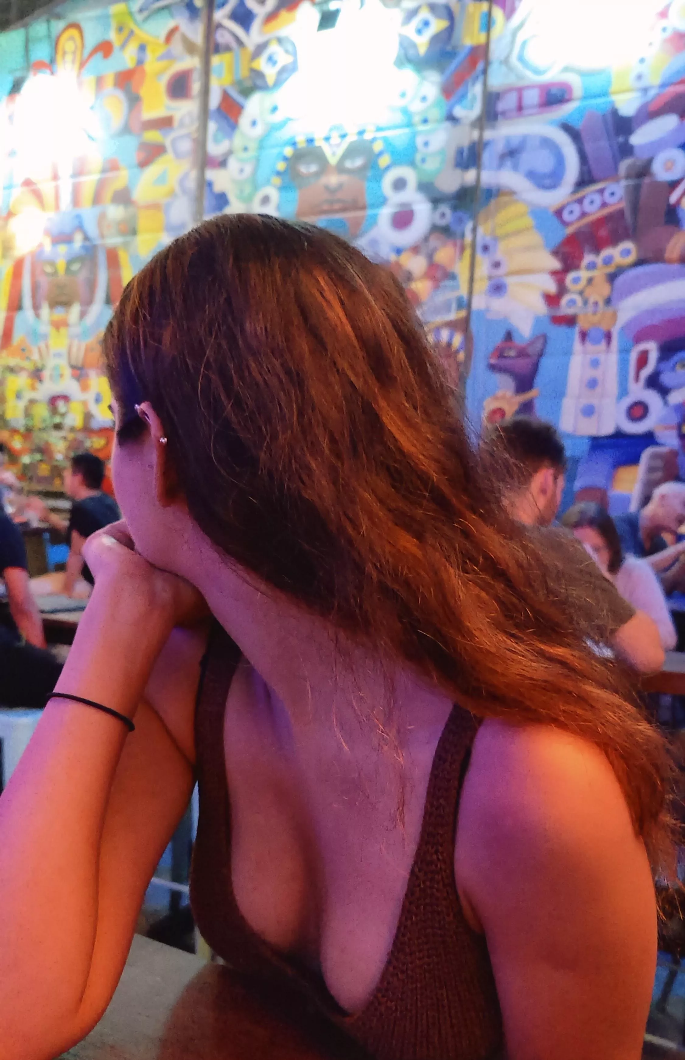 Chilling at the bar with my girls hanging dangerously close to being exposed (f)