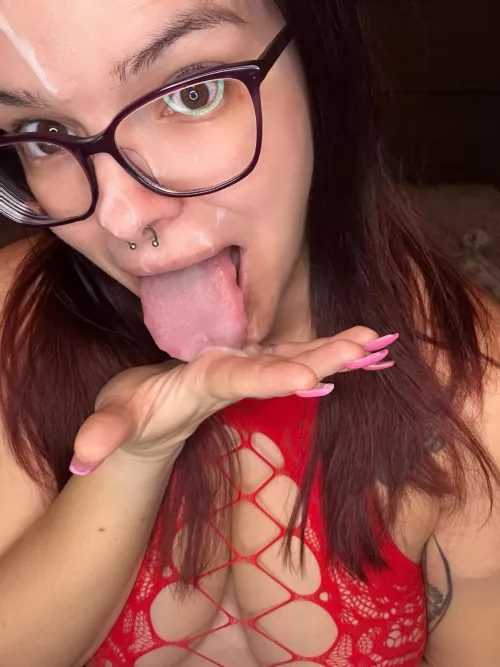 Licking it all up like a good girl