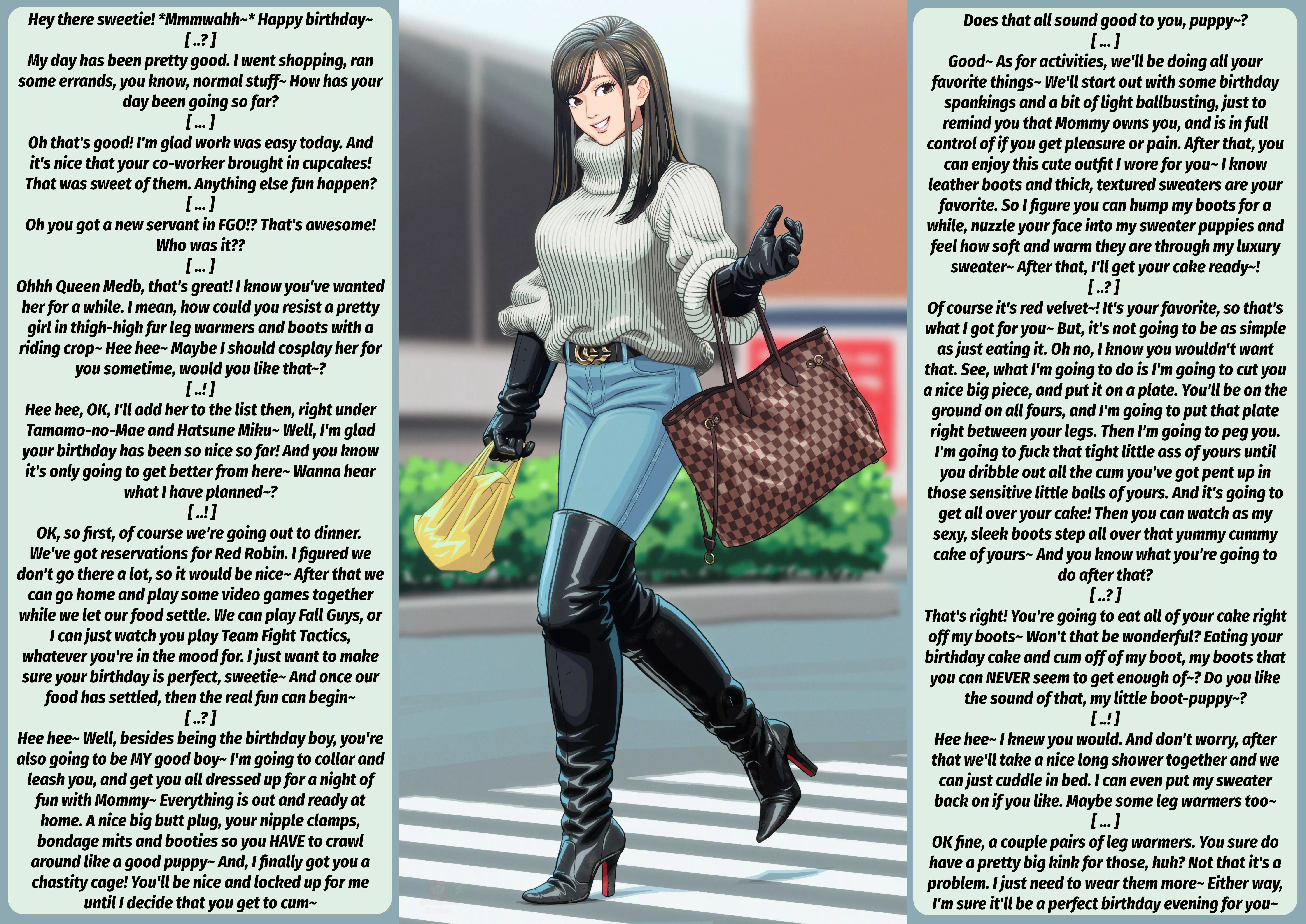 Super Self-Indulgent Birthday Caption to Myself [Leather Boots] [Sweater] [Pet Play] [Food Play] [Gentle Femdom] [Yes this is all stuff I really like] Artist: Enkaboots