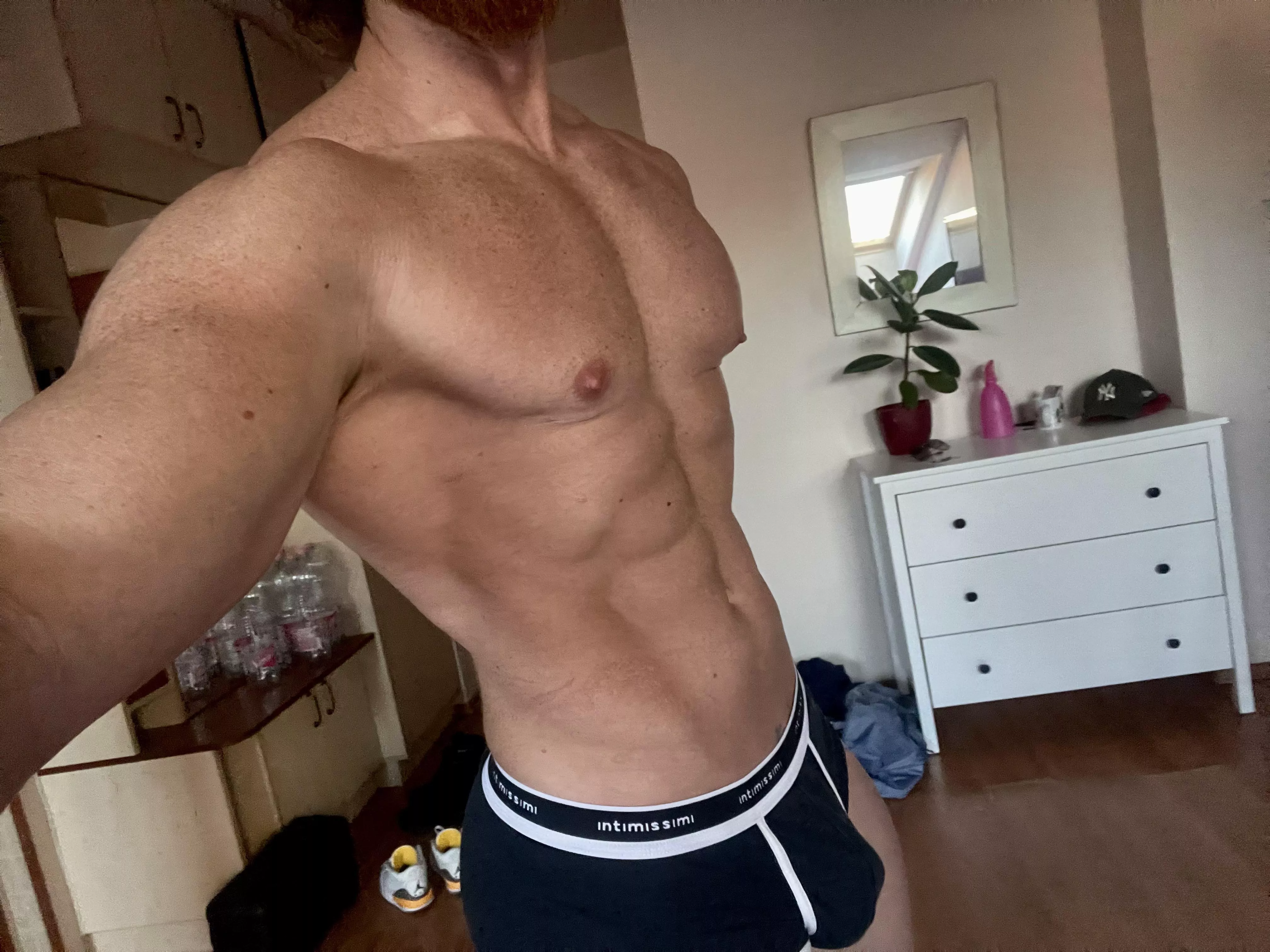 In my underwear at home