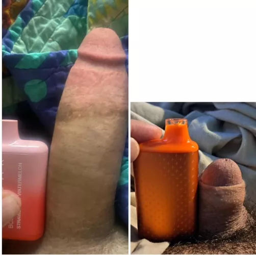My tiny little penis vs. u/willystrokes93 semi. My little button dick didn't even deserve a full size pic. I wish I had a big manly cock like u/willystrokes93 instead of my little baby micropenis. How should I show my appreciation for his real man size 
