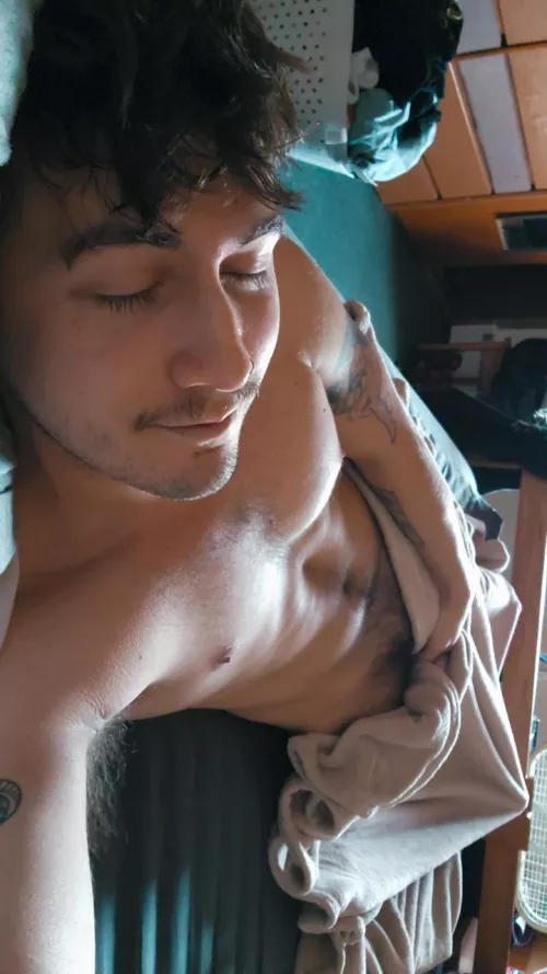 Wake up next to this college guy. first thing you do?