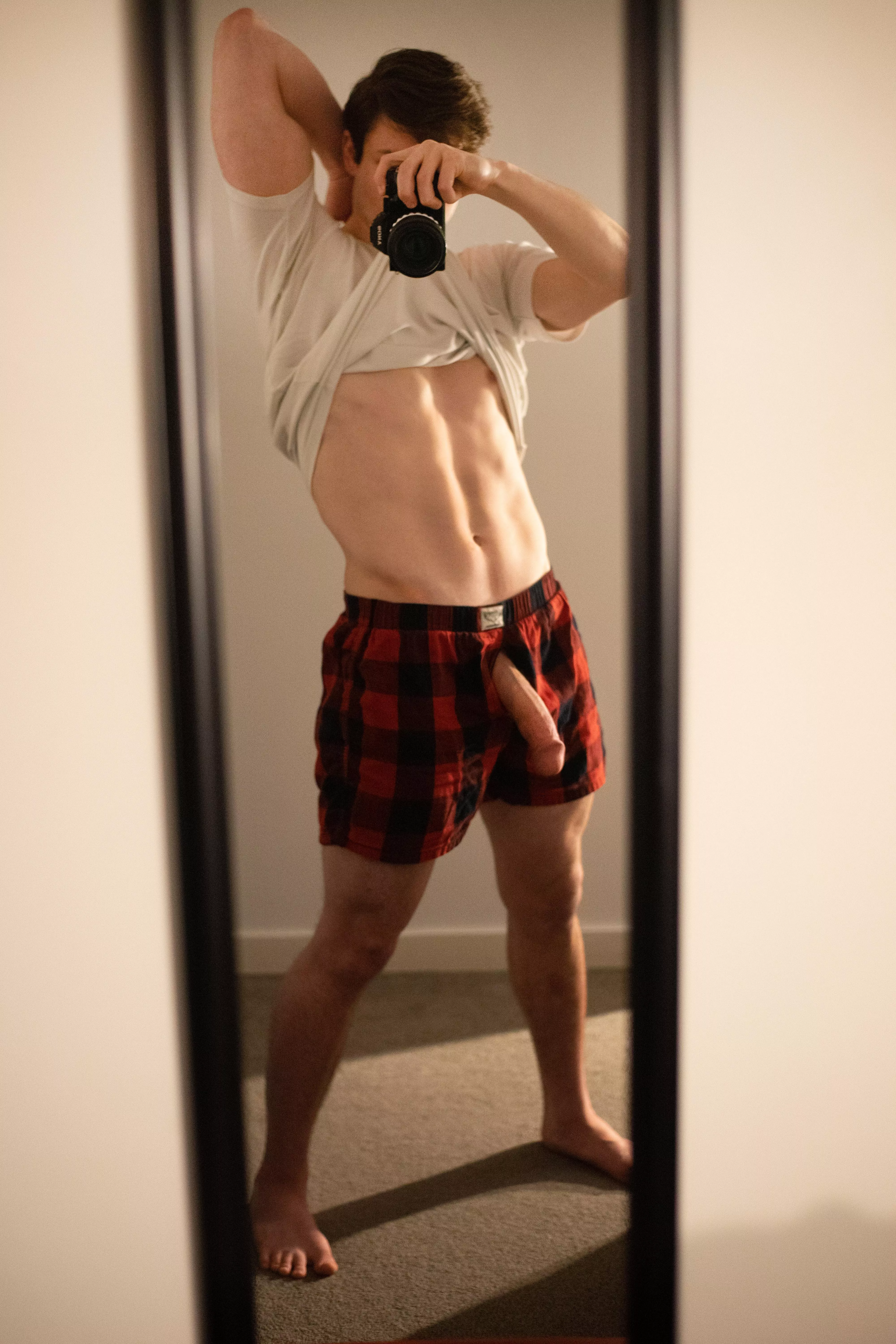 My big young cock poking through my favourite boxers