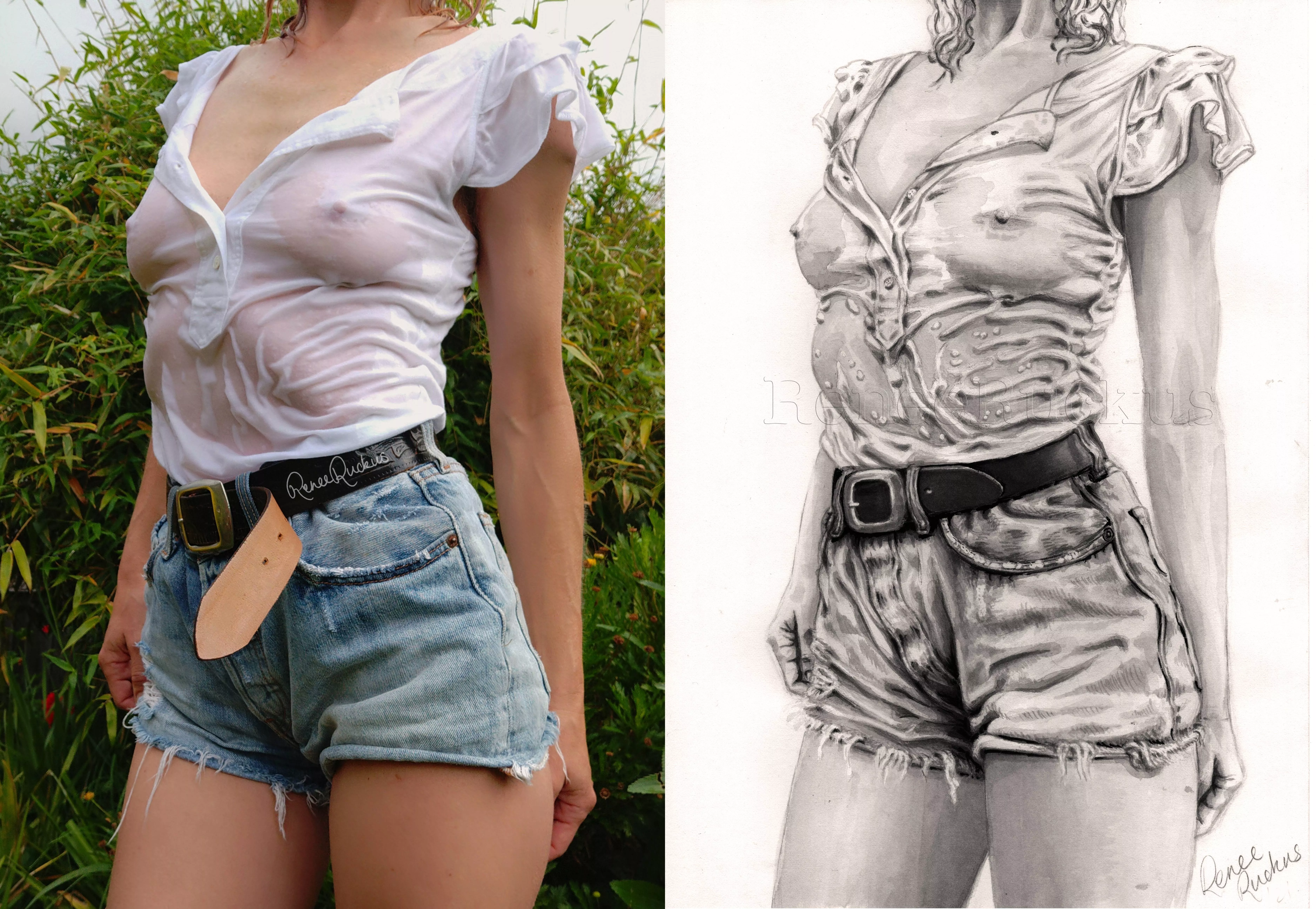 Digital selfie vs analogue self-portrait (inkwash)