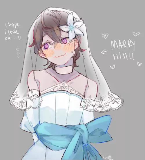 LF color source: brown hair, pink eyes, flower in hair, choker, wedding veil, wedding dress, “I hope I look ok..”, “MARRY HIM!!”, blue bow, hands behind back, blush