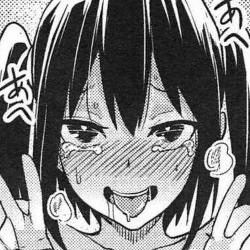 LF Mono Source: 1girl, ahegao, black hair, blush, close up, drool, face, foreign sfx, hair between eyes, heavy breathing/heat effects/smoke, looking at viewer, saliva trail, shoulder, sweat, tears, twin tails, two fingers raised, upper teeth, v sign/peac