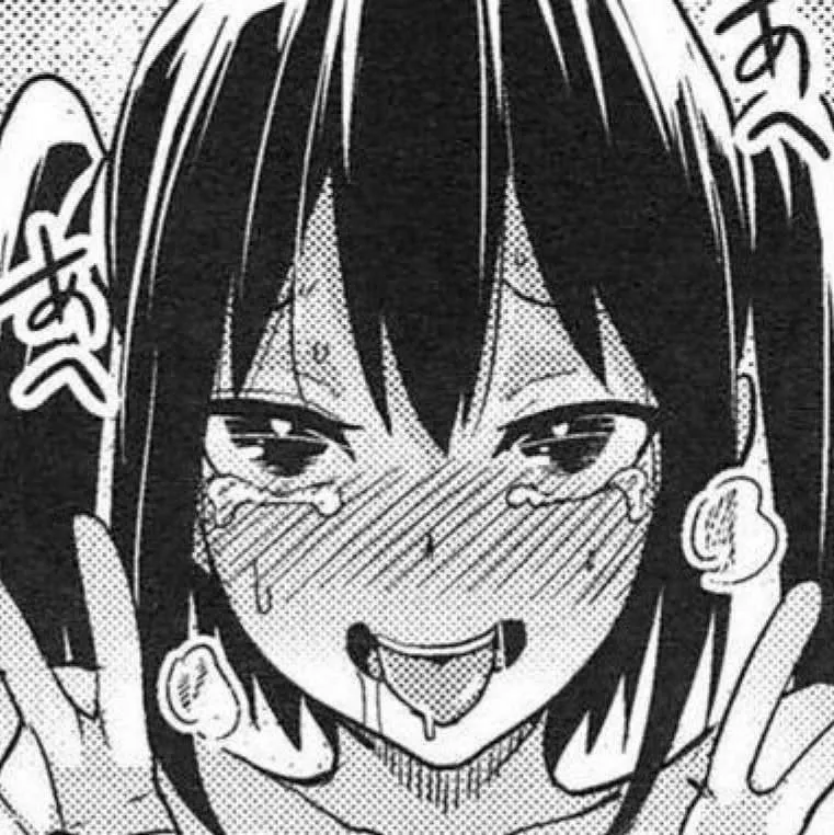 LF Mono Source: 1girl, ahegao, black hair, blush, close up, drool, face, foreign sfx, hair between eyes, heavy breathing/heat effects/smoke, looking at viewer, saliva trail, shoulder, sweat, tears, twin tails, two fingers raised, upper teeth, v sign/peac