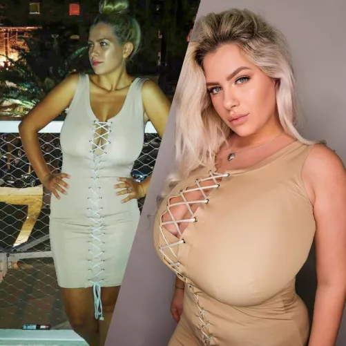 2017. / 2023. ⏳ Yes, it's me on both photos, and it's the same dress, but definitely different fit! 🙈 And I definitely pick my current shape! 👑 If you pick my current shape as well, be sure to subscribe to my OF or Patreon. 😈