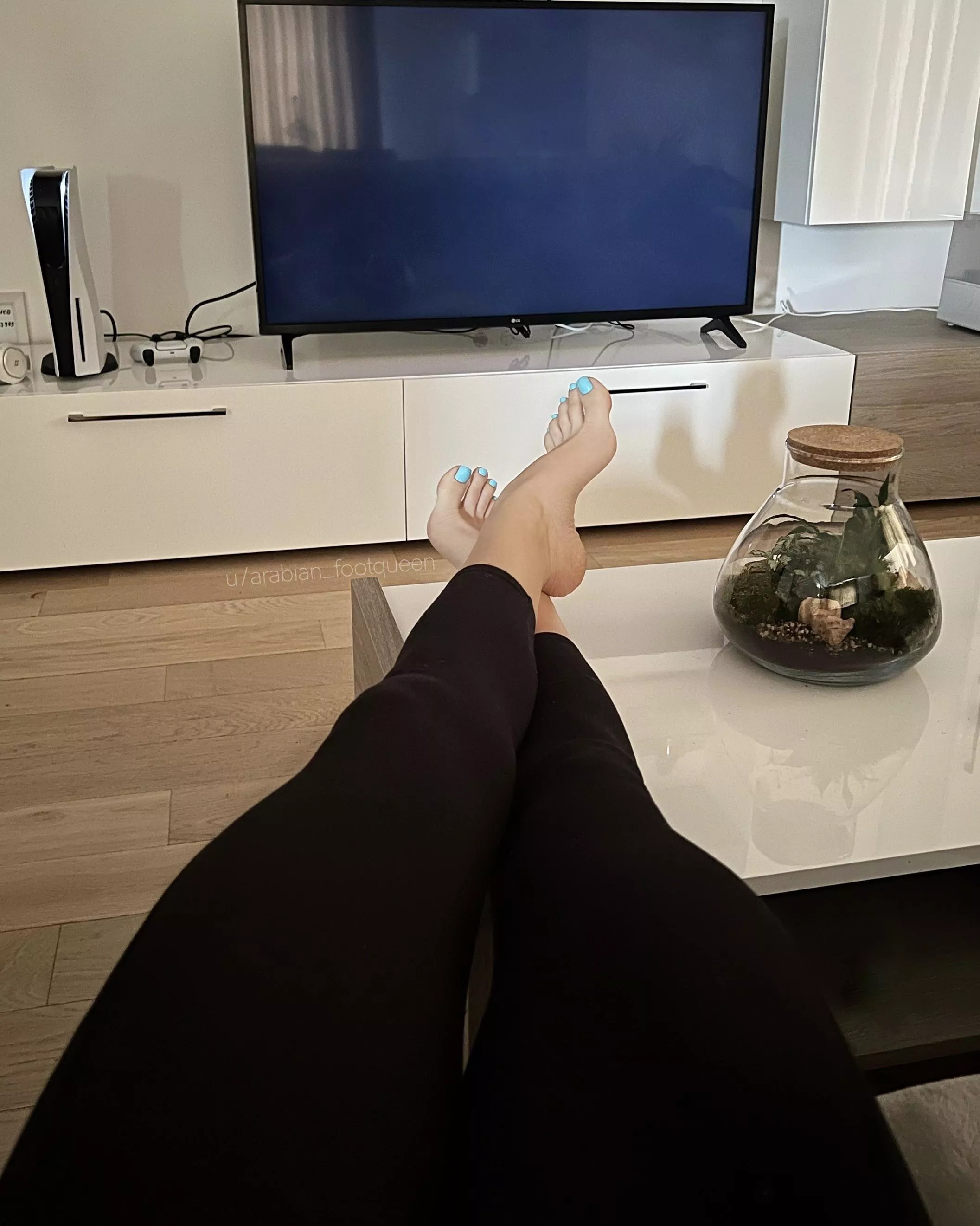 Are you looking at my freshly painted blue toes or yummy arches? 😋