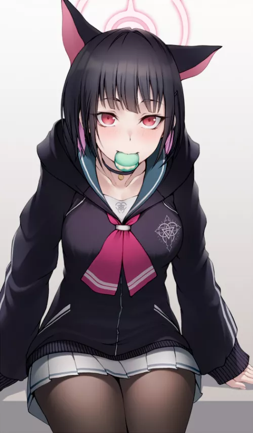 Feeding the catgirl a sweet mint macaron