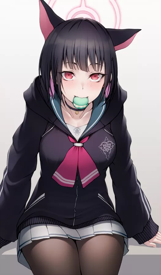 Feeding the catgirl a sweet mint macaron