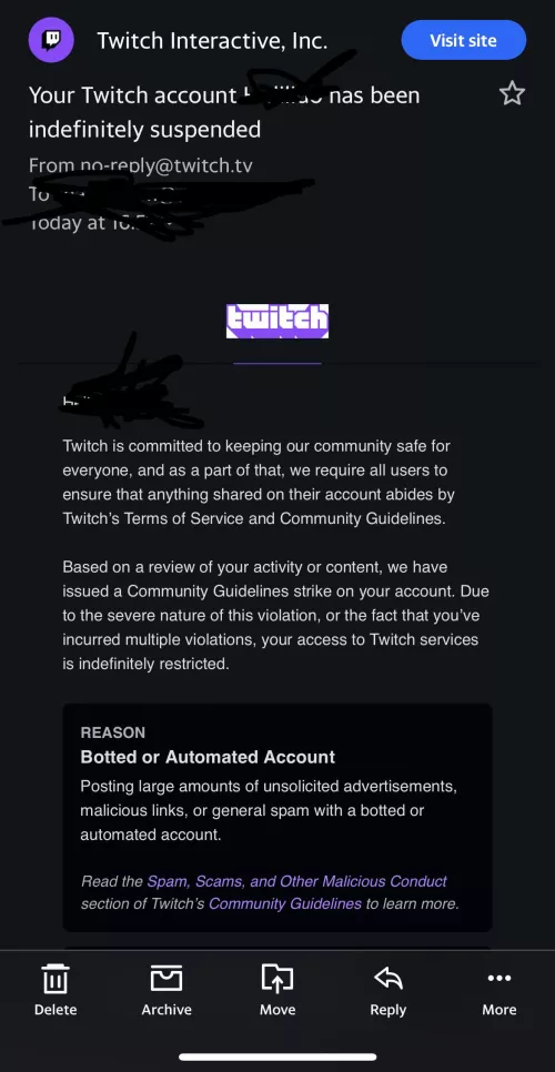 I received this email today and I rarely use Twitch. I only follow a couple of channels and I watch one channel only, like once a week or so and never chatted. Can someone explain what would it be?
