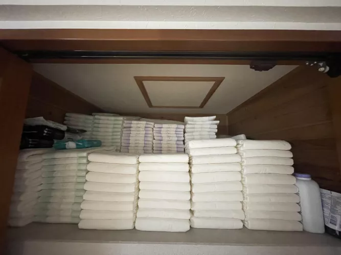 My current diaper stash. There’s four rows in total.
