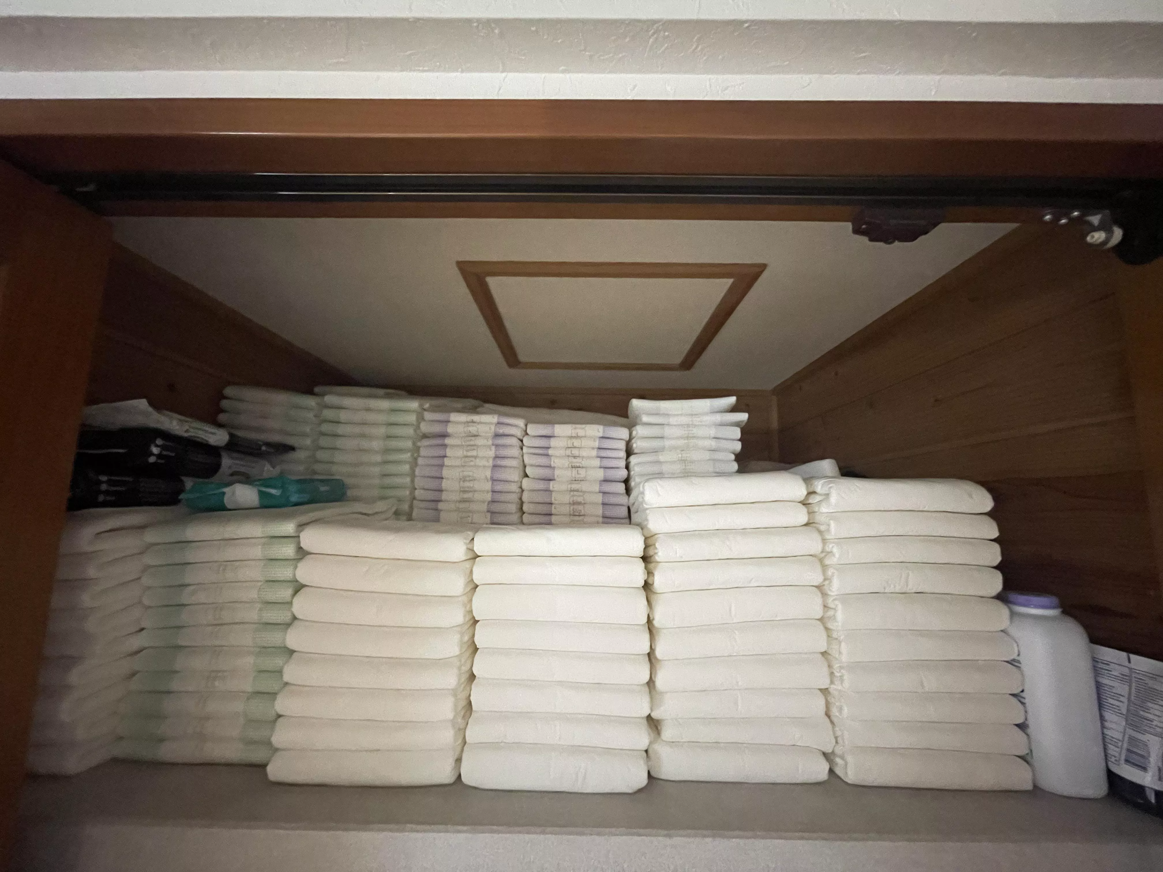 My current diaper stash. There’s four rows in total.