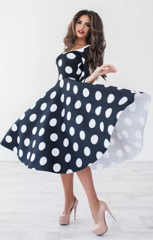 Polka-dot dress cutie in nude heels