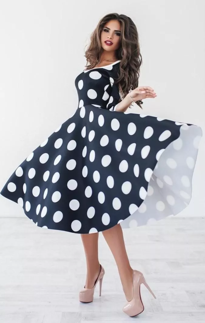 Polka-dot dress cutie in nude heels