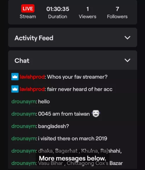 streamed last night and two people came in and chatted. and that just reminded me why i wanted to stream myself in the first place. keep up the grind guys it will pay off. my goal is to entertain people in any way i can and seeing people watch it was mor