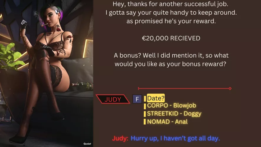 You ask Judy for a bonus reward [Cyberpunk] [JudyAlvarez] [2077] [Multiple Choice] [Implied] Artist: Revelent (Twitter)