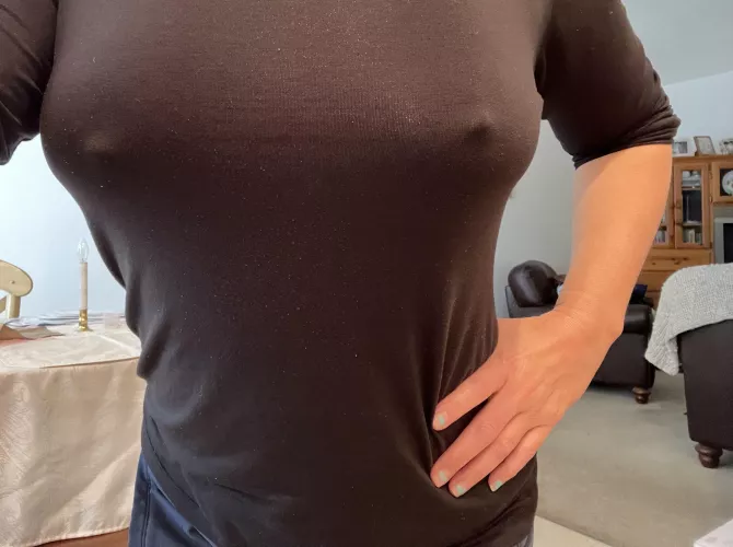 Before I go, you can’t tell that am not wearing a bra, right?