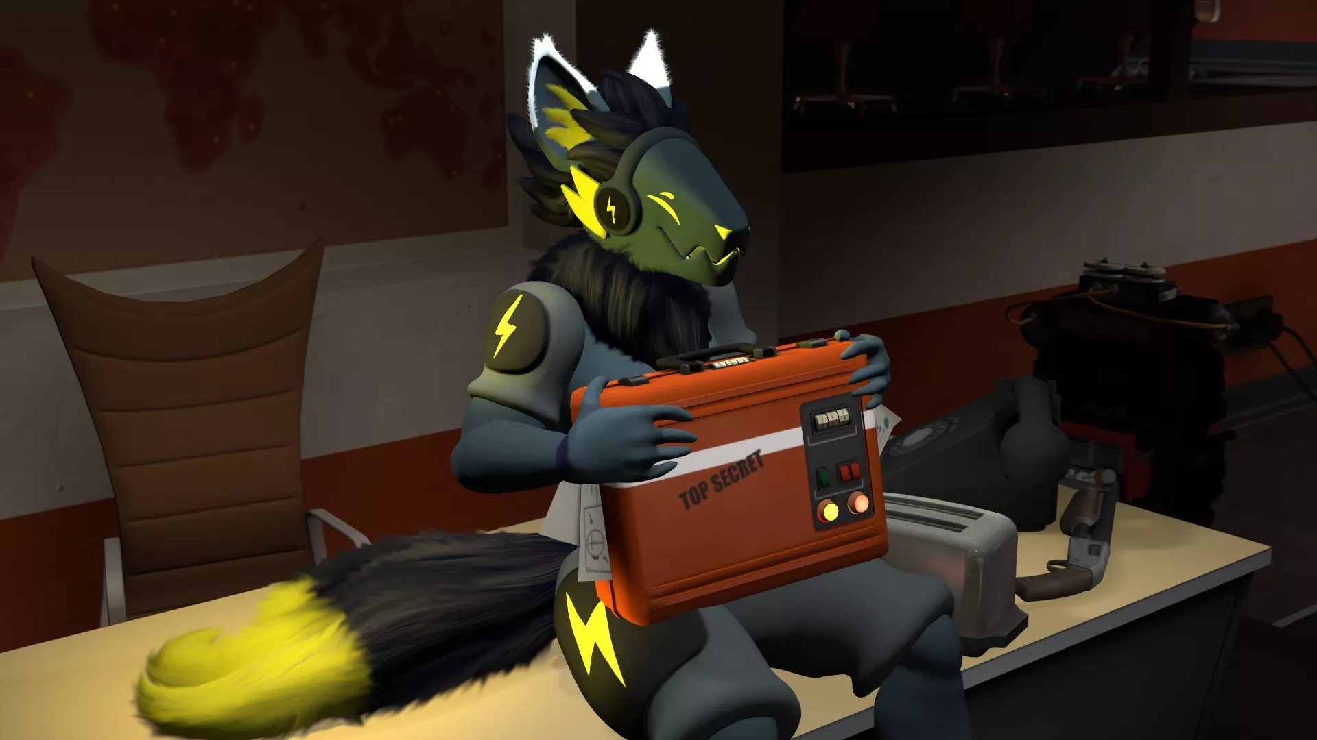 Intruder alert, a Yellow Protogen is in the base. (Random quick art i did to test a new model, Character is Powersurge, owned by me)