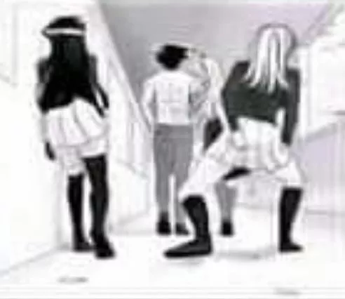 Lf mono source: 1boy, 3girl, stockings, skirt, blonde hair, black hair