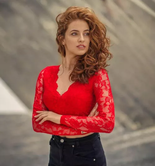 Red hair, red blouse