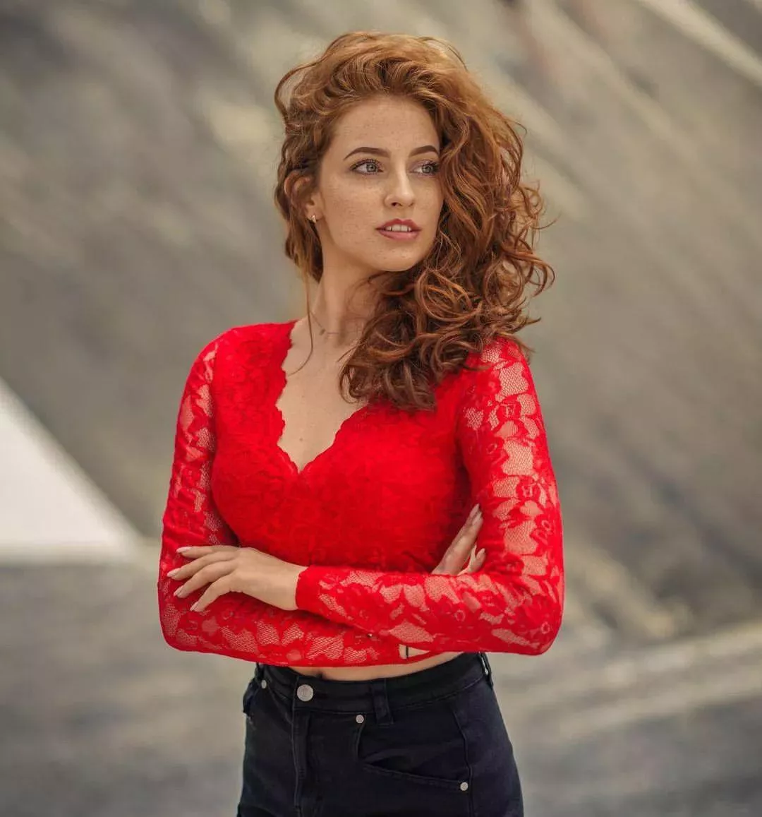 Red hair, red blouse