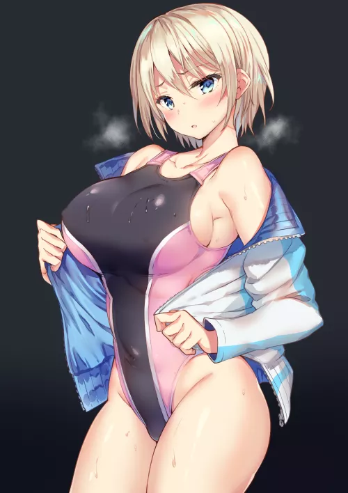 Busty Blondie Undress her Jacket to Show her Two-tone Swimsuit (Sanshoku Amido)