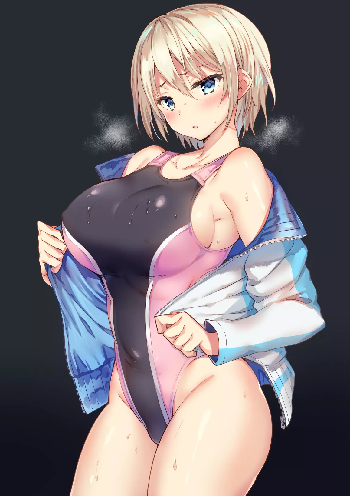 Busty Blondie Undress her Jacket to Show her Two-tone Swimsuit (Sanshoku Amido)