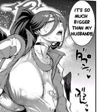LF mono source: “IT’S SO MUCH BIGGER THAN MY HUSBAND!!!”, 1girl, ponytail, huge boobs, tracksuit, black hair