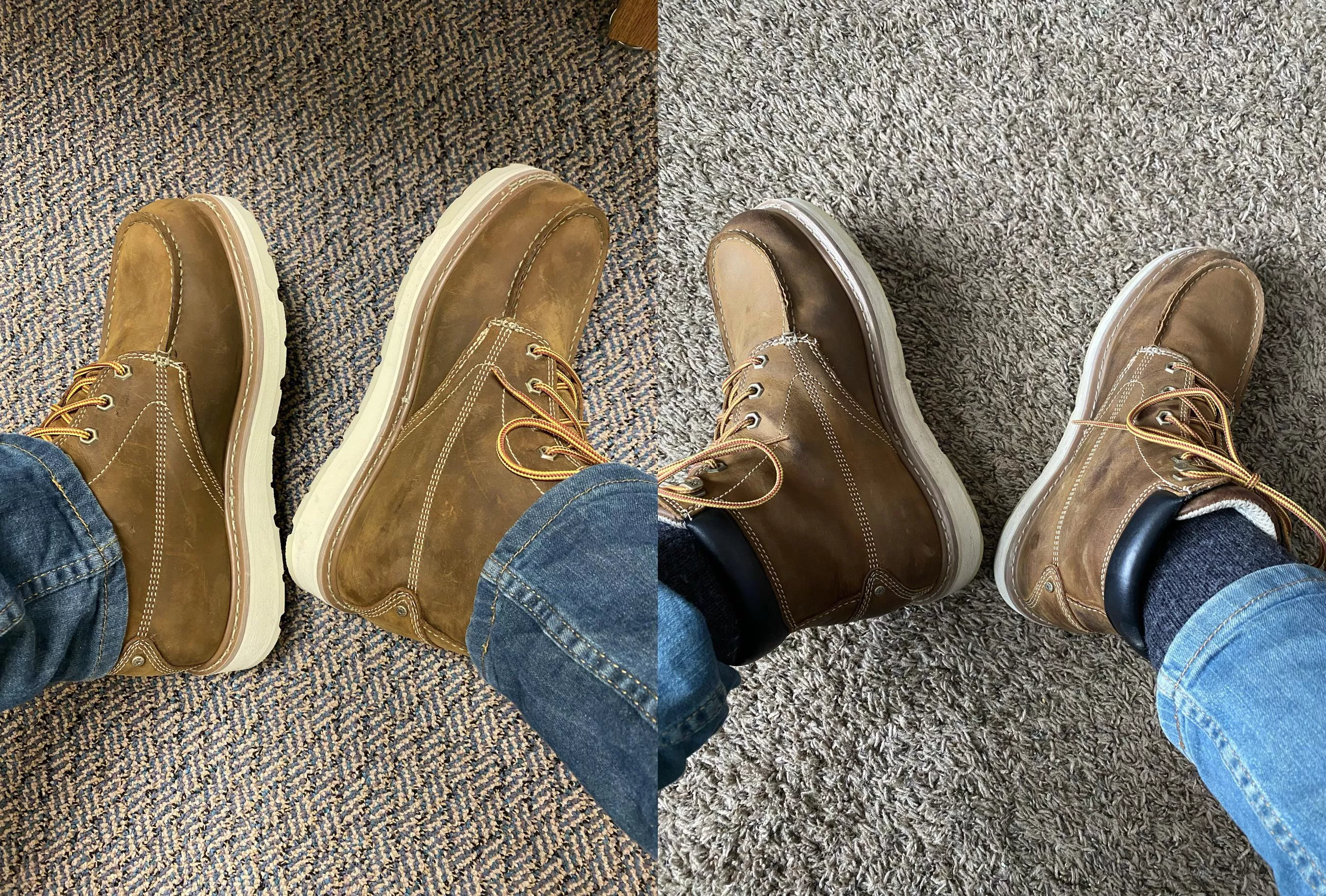 Maybe I got lucky? Timberland Pro after 1 year. Still feel and look great.