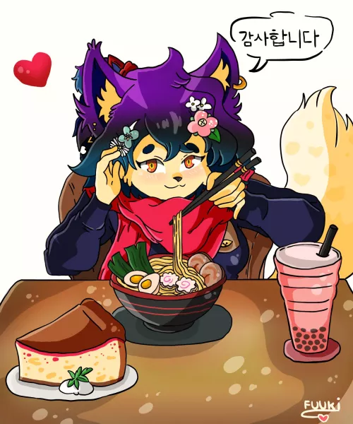 My Fursona enjoying a bowl of ramen and some delicious sweets~! (Fuuki)
