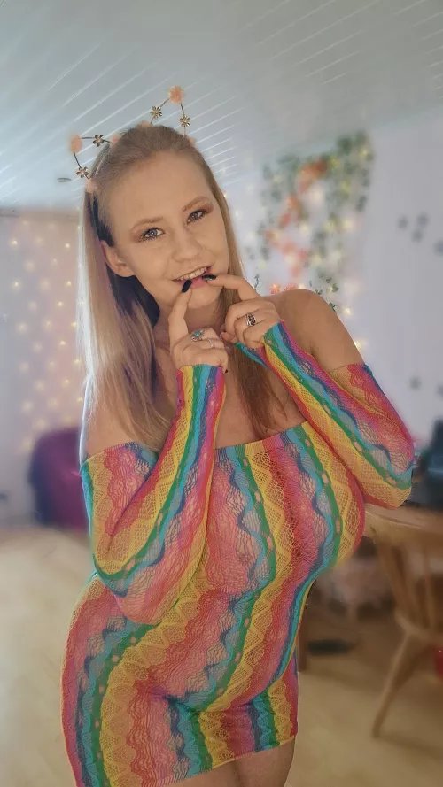 And today in such a slightly, provocative, rainbow tight dress. Kisses