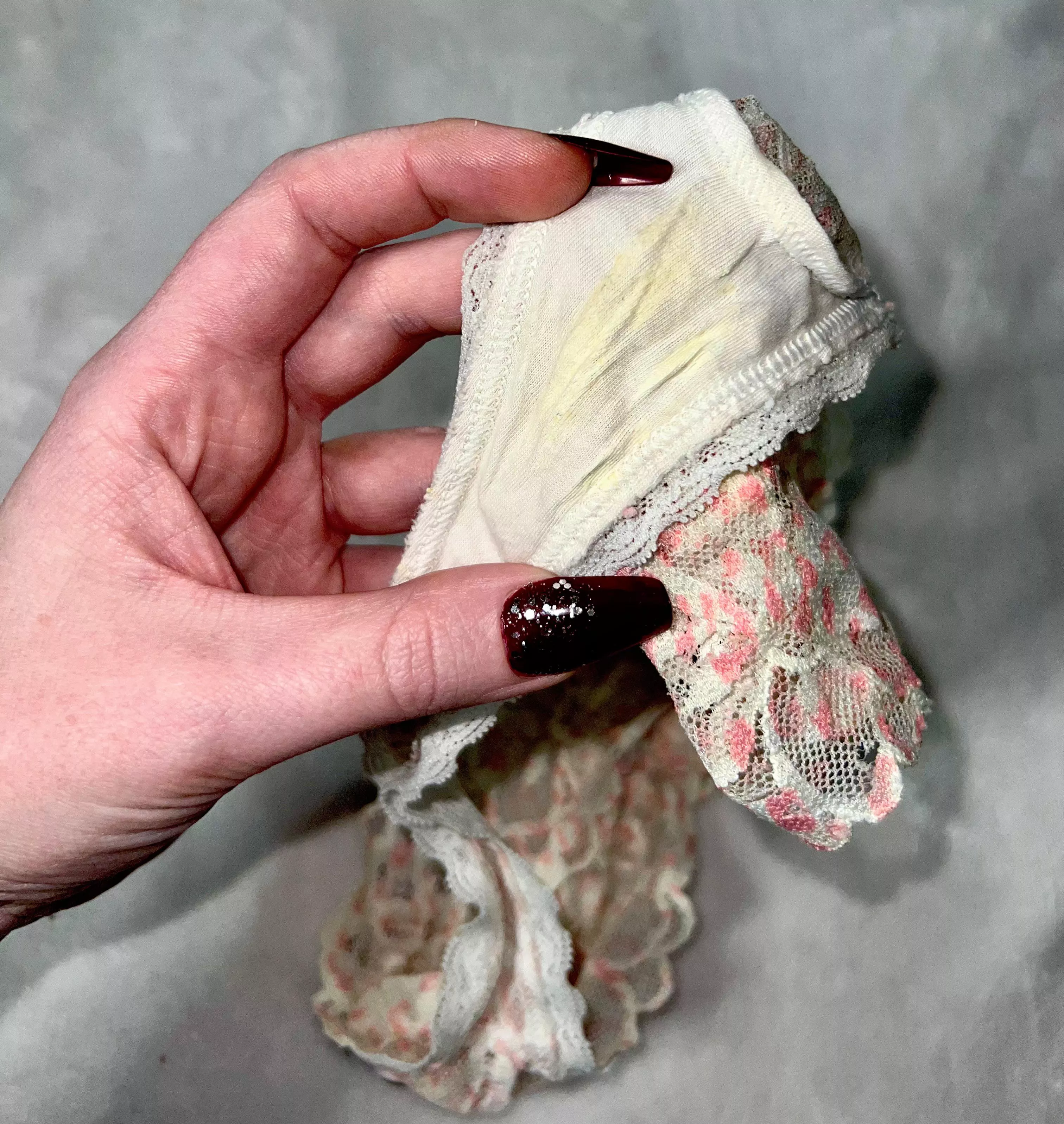 How’d I do at capturing my “mess” on this light colored dainty lace thong?!