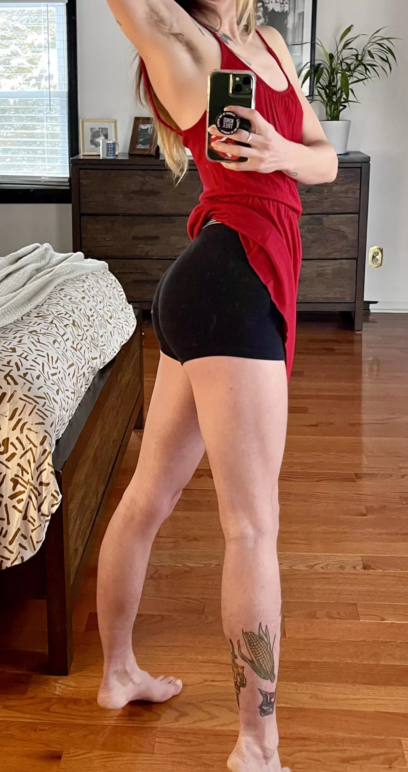 Bare legs & booty shorts under my dress