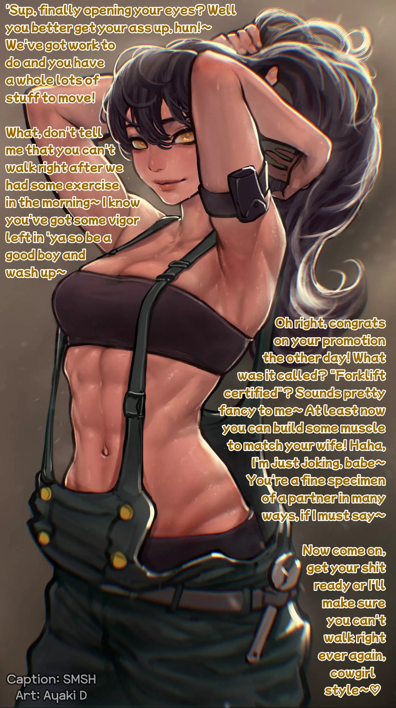 It ain't much, but it's honest work [FDom Wife] [Muscular] [Southern Speech] [Teasing] [Morning After] [Threatening You With A Dangerously Good Time] [62/365]