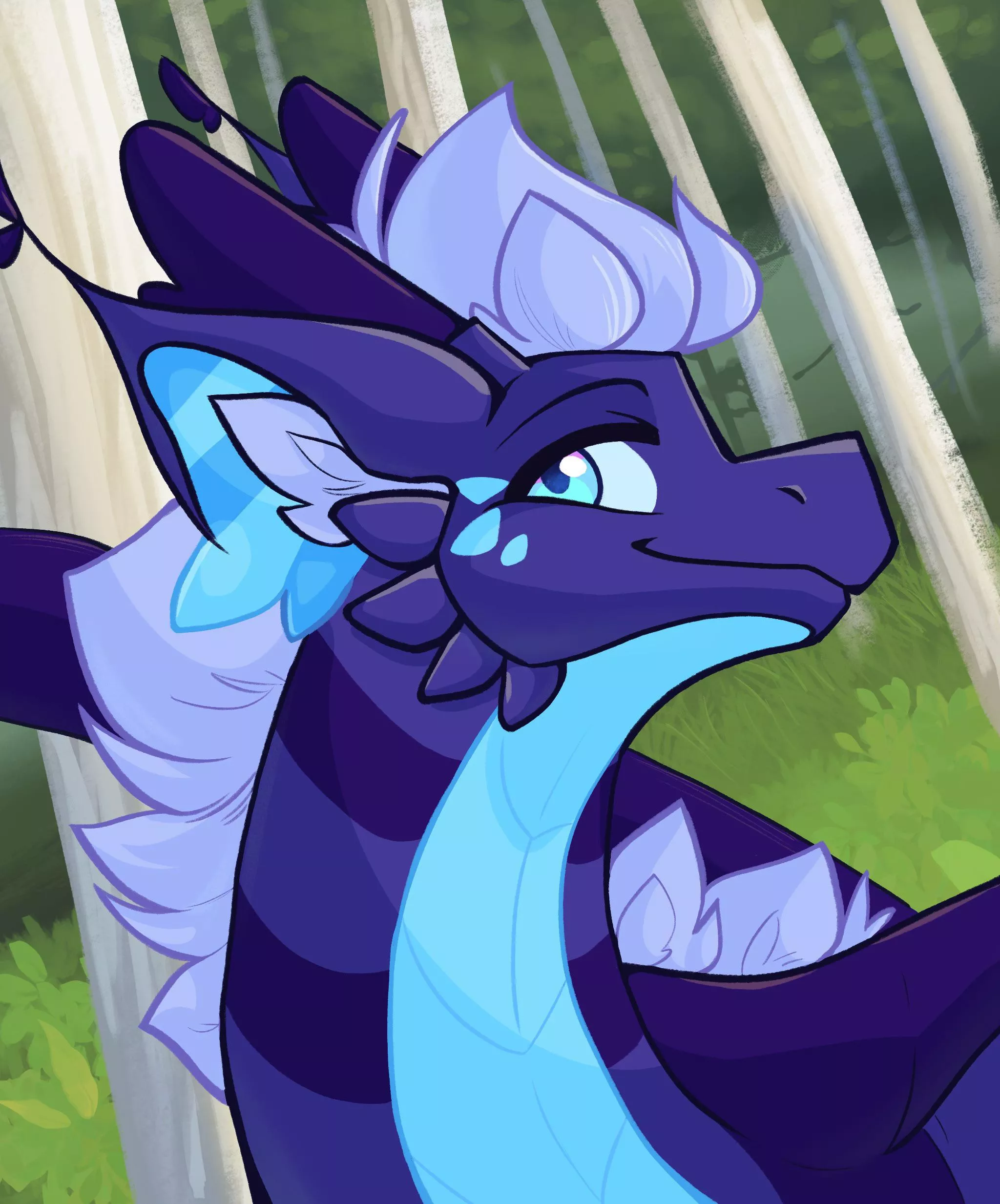 A friendly purple dragon strolls up to you in a forest~ ✨🍃 [Art by me @A_Purple_Dragon on Twitter!]