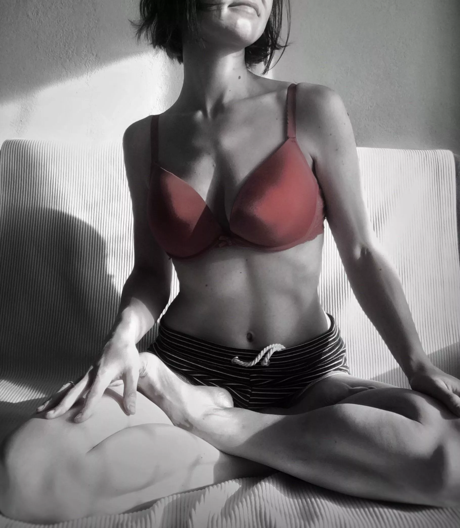 Half lotus. Breasts control. Oh, I meant breath! Breath control