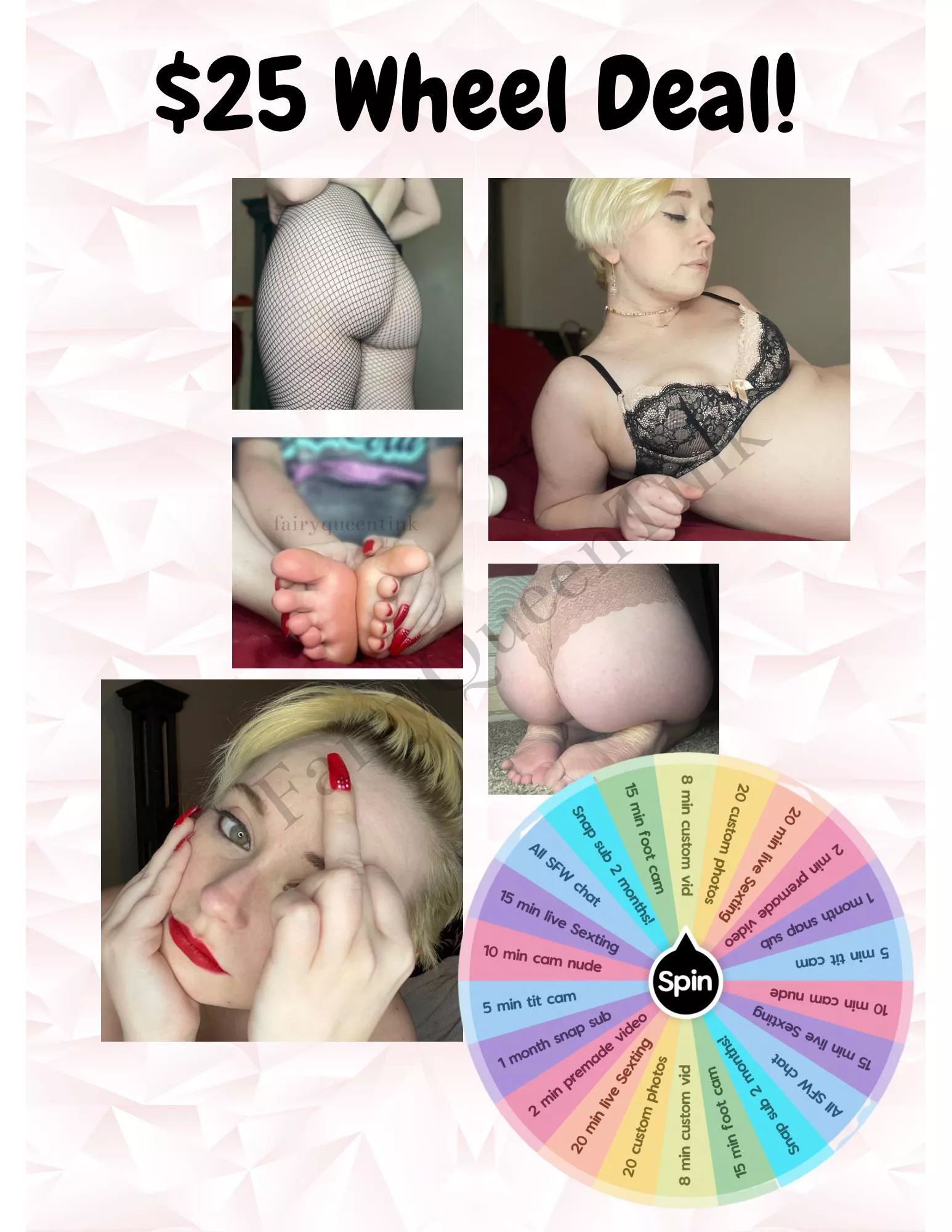TGIF $25 wheel deal !!Live content• Customs• Worn Items • Sexting• Domme Content and Fetish friendly 😈 Dm for my menu [selling] [kik] FairyQueenTink [snap] fairyqueentink [tele ] Tink_3