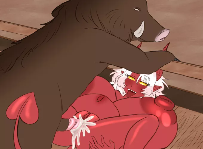 Tiefling girl getting fucked by a giant boar (marinesunspice)