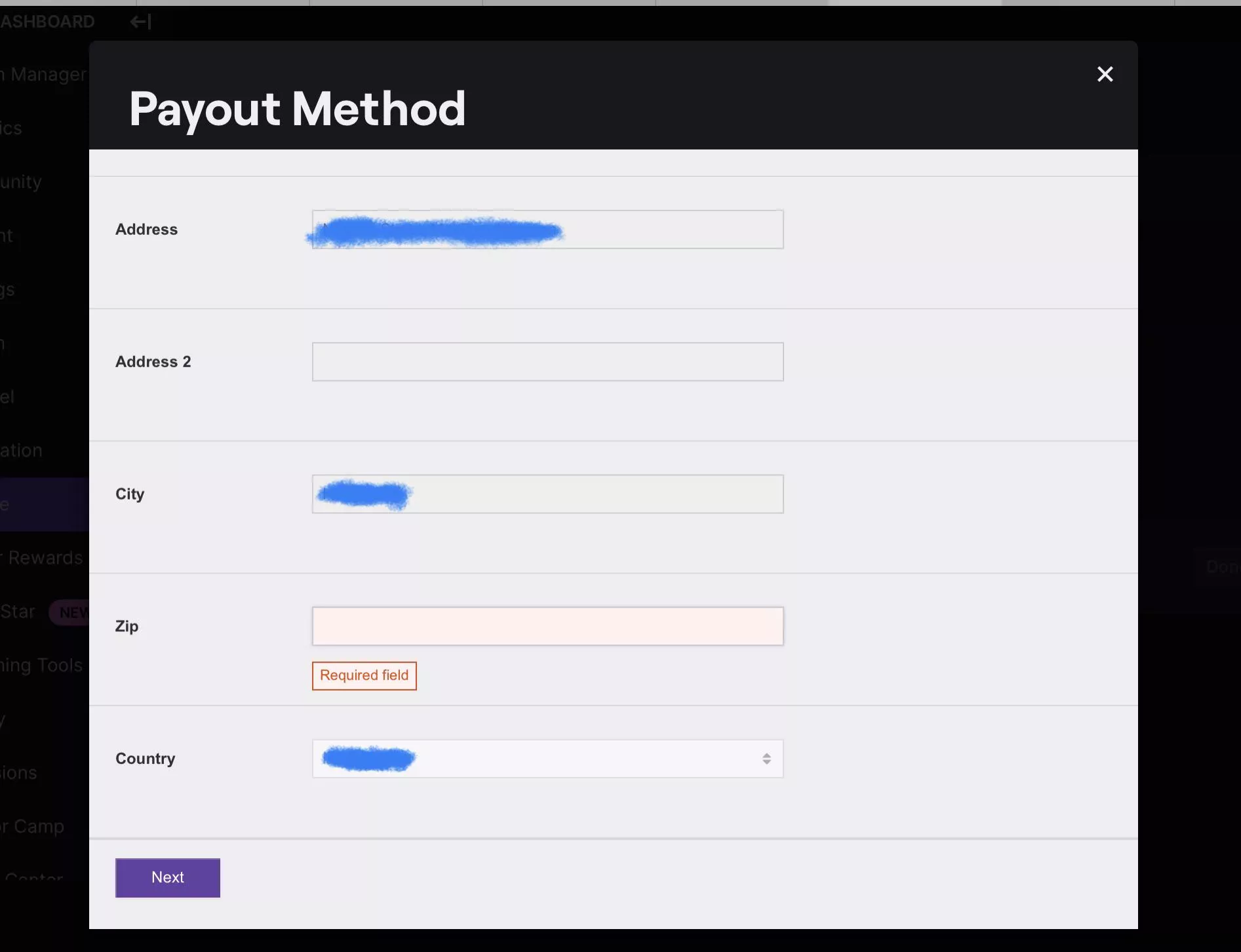 trying to sign up for twitch affiliate…. i cant input my zip code, i tried clicking on the text box and it didnt let me. is it a bug?