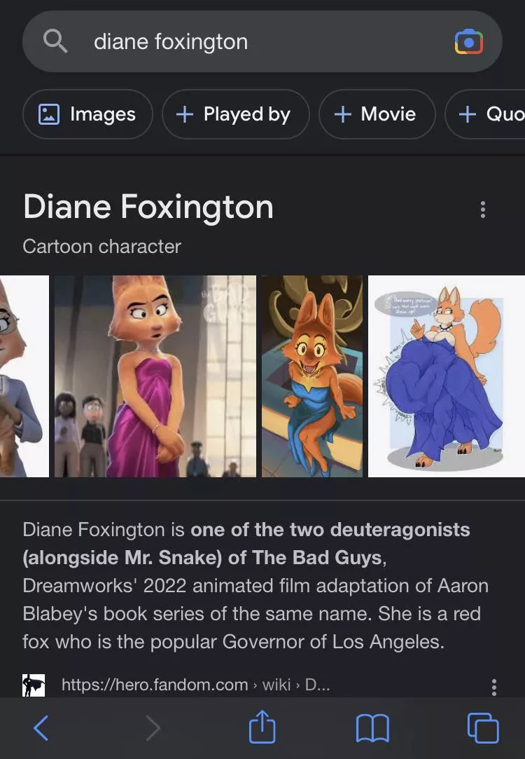 {image} I propose we make Diane Foxington the new mascot of vore. She has a vore photo as a first result on a google search.